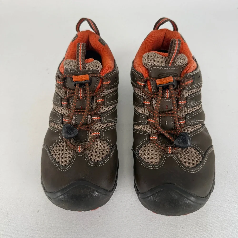 Keen Kids Waterproof Hiking Shoes Brown Orange Bungee Laces Low Top Trail Shoe